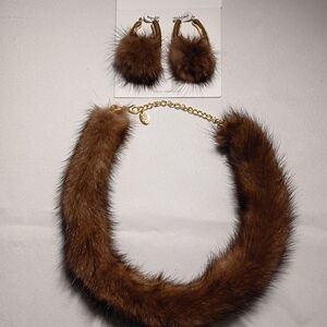 Brown Fur Necklace and Earring Set